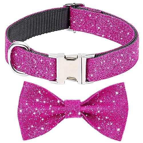 Jumpress Bling Bow Tie Dog Collar and Leash Set, Cute Pink Girl Dog Collar with 5ft Leash for Small Medium Dogs Daily Walking or Holiday Party (Hot Pink, Neck fit 11-16’’) view 2