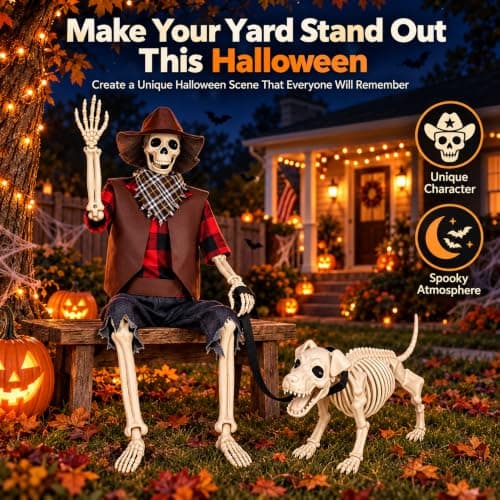 Skeleton for Halloween Decoration Outdoor, Halloween Decor for Yard Porch | Outside Halloween Skeleton Decoration for Yard Patio Lawn Garden, 3FT Realistic Full Body Posable Cowboy Skeleton with Dog view 3