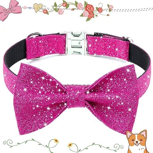 Jumpress Girl Dog Collar with Bow, Bling Female Bowtie Dog Collar for Puppy Small Medium Dogs Daily Walking or Holiday Party (Hot Pink, Neck fit 11-16’’) view 2