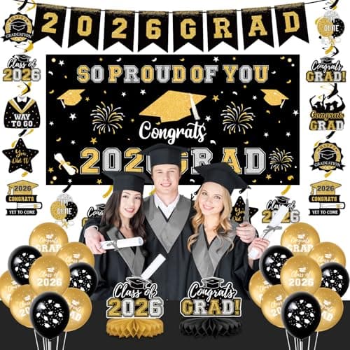 Graduation Decorations 2026 Black Gold Themed Grad Party Decor Set Backdrop Balloons Banner Honeycomb Centerpiece Hanging Swirl Kit Graduation Party Supplies for College High School Any Grade view 5