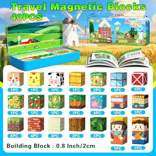 Mini Magnetic Blocks, Magnet Building Cubes, Farm Animal Travel Outdoors Toys with Portable Iron Box, STEM Montessori Sensory Educational Toys for Toddlers, Gift for Kids Ages 3-8 Boys & Girls view 2