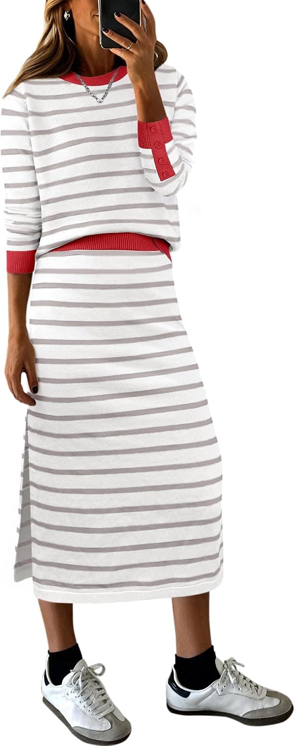 ANRABESS 2 Piece Striped Sweater Skirt Set