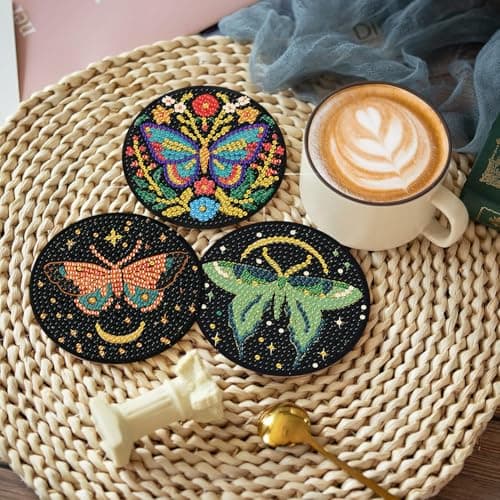 8 Pcs Diamond Art Coasters Kit with Holder, DIY Butterfly Diamond Painting Coasters for Beginners Adults, Non Slip Diamond Art Kits Craft Supplies 4x4inch view 3