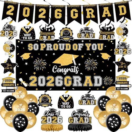 Graduation Decorations 2026 Black Gold Themed Grad Party Decor Set Backdrop Balloons Banner Honeycomb Centerpiece Hanging Swirl Kit Graduation Party Supplies for College High School Any Grade — image 1