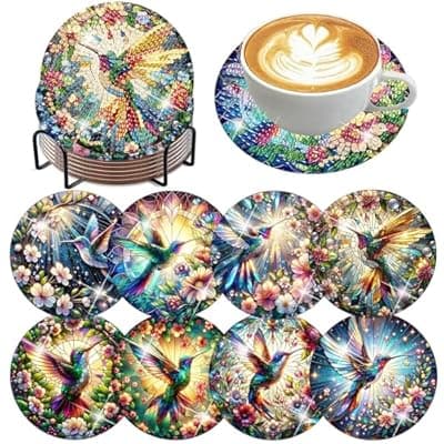 Axquilon Diamond Art Coasters Kit for Adults, 8 Pcs Hummingbirds Diamond Painting Coasters Kit with Holder, DIY Non Slip Art Supplies 4x4in