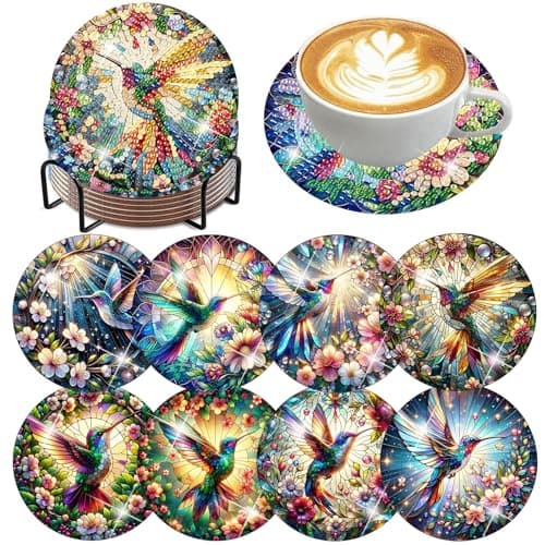 Axquilon Diamond Art Coasters Kit for Adults, 8 Pcs Hummingbirds Diamond Painting Coasters Kit with Holder, DIY Non Slip Art Supplies 4x4in — image 1