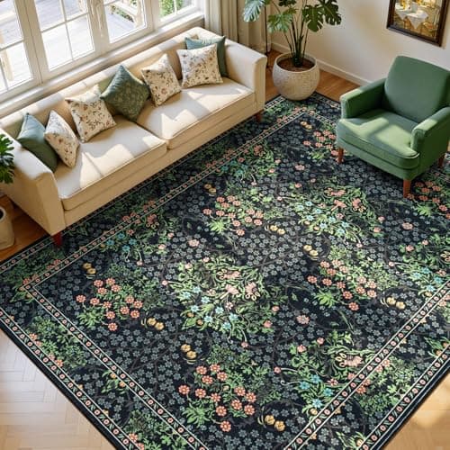 Lessymo Floral Black Green Washable Rugs 8x10, Living Room Area Rug Non Slip Boho Low Plie Large Carpet for Bedroom Dining Room Home Office, Vintage Flower Decor Distressed Retro Indoor — image 1