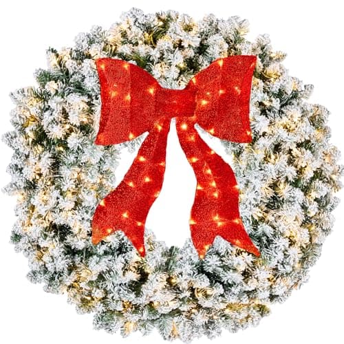 Best Choice Products 36in Large Flocked Artificial Pre-Lit Fir Christmas Wreath Holiday Accent Decoration for Door, Mantel w/Red Lighted Bow, 150 LED Lights, 300 PVC Tips, Power Plug-in view 1