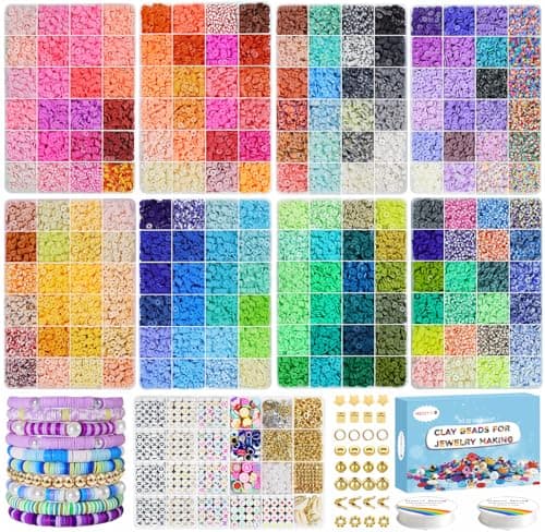 Redtwo 46000 Pcs Clay Beads Friendship Bracelet Making Kit, 192 Colors 9 Boxes Flat Polymer Clay Heishi Beads Set for Jewelry Making with Letter Bead Elastic String, Gifts for Girls 8-12