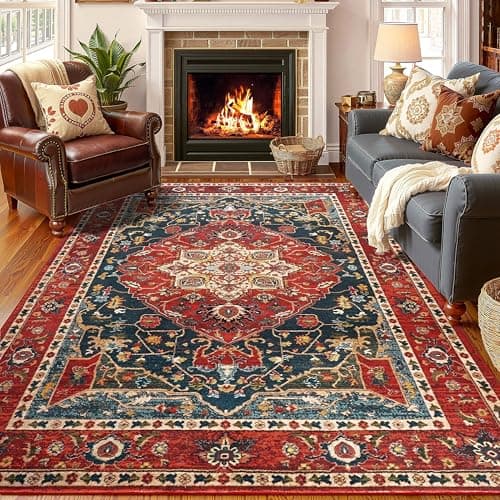 YJ.GWL Area Rugs for Living Room 4x6 Machine Washable Rugs for Bedroom, Non Slip Floral Vintage Rug Indoor Carpet, Stain Resistant Throw Rug for Dining Room Kitchen, Orange-Red view 1