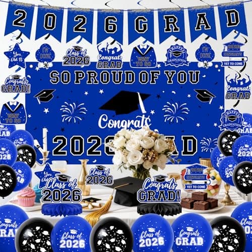Graduation Decorations 2026 Blue Themed Grad Party Decor Set Backdrop Balloons Banner Honeycomb Centerpiece Hanging Swirl Kit Graduation Party Supplies for College High School Any Grade view 7