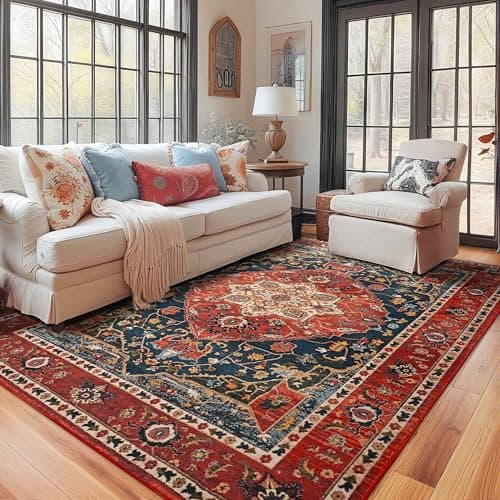 YJ.GWL Area Rugs for Living Room 4x6 Machine Washable Rugs for Bedroom, Non Slip Floral Vintage Rug Indoor Carpet, Stain Resistant Throw Rug for Dining Room Kitchen, Orange-Red view 3