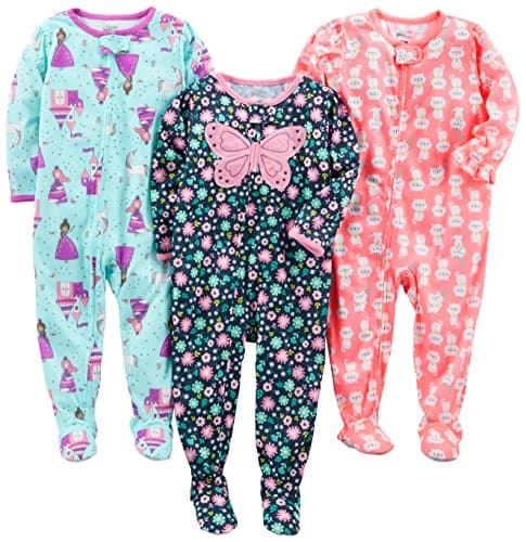 Simple Joys by Carter's Baby Girls' 3-Pack Loose Fit, Light Weight Polyester Footed Pajamas, Fairy/Butterfly/Kitty, 24 Months