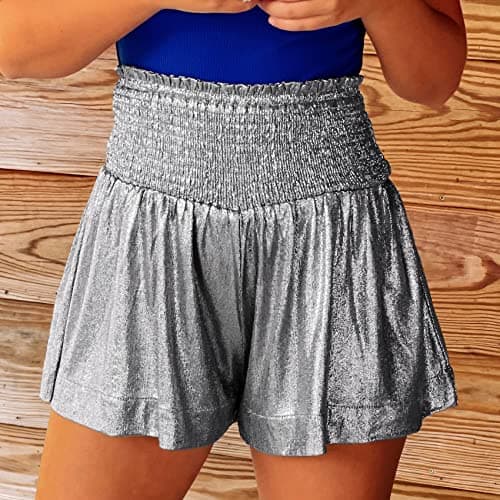 GUOLEZEEV Women Sequin Smocked High Waisted Flowy Glitter Sparkly Metallic Shorts view 2