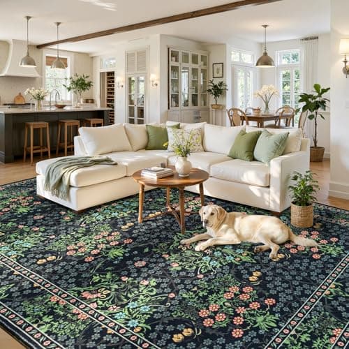 Lessymo Floral Black Green Washable Rugs 8x10, Living Room Area Rug Non Slip Boho Low Plie Large Carpet for Bedroom Dining Room Home Office, Vintage Flower Decor Distressed Retro Indoor view 5