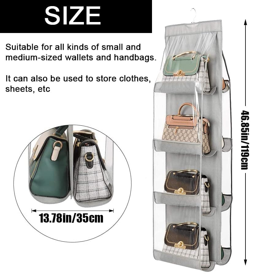 AYWVRBST Handbag Purse Organizer, 8 Pockets, Dust Proof Purse Organizer Closet, Wardrobe Closet Organizer, Washable Handbag Organizer for Handbags Purse (Gray, 8) view 3