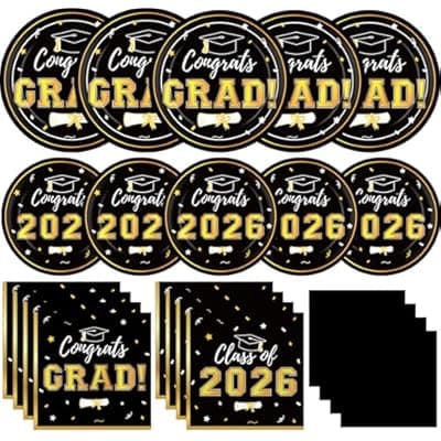 Graduation Party Plates and Napkins 2026 Graduation Party Supplies Black Gold Disposable Paper Plates Luncheon Napkins Cocktail Napkins for Graduation Party Decorations Serve 50