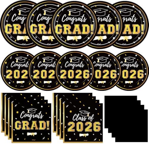 Graduation Party Plates and Napkins 2026 Graduation Party Supplies Black Gold Disposable Paper Plates Luncheon Napkins Cocktail Napkins for Graduation Party Decorations Serve 50 — image 1
