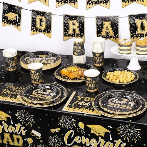 NatNarr Graduation Decorations 2026, Black Gold Graduation Party Supplies Include Class Of 2026 Grad Plates Napkins Cups Tablecloth Congrats Grad Banner for Middle College High School, Serve 25 Guest view 5