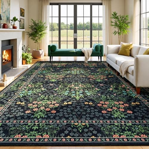 Lessymo Floral Black Green Washable Rugs 8x10, Living Room Area Rug Non Slip Boho Low Plie Large Carpet for Bedroom Dining Room Home Office, Vintage Flower Decor Distressed Retro Indoor view 6