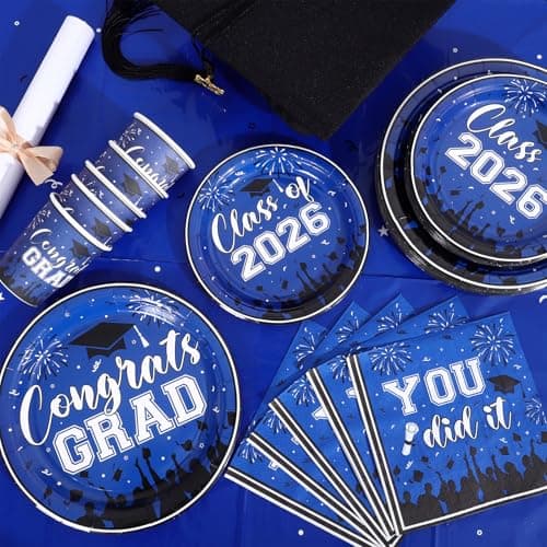 NatNarr Graduation Decorations 2026, Blue Graduation Party Supplies Include Class Of 2026 Grad Plates Napkins Cups Tablecloth Congrats Grad Banner for Middle College High School, Serve 25 Guest view 2