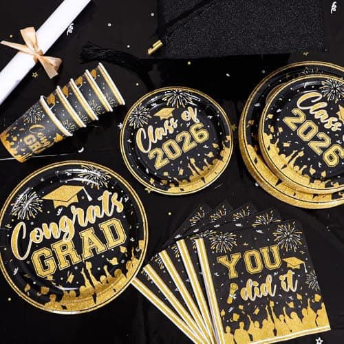 NatNarr Graduation Decorations 2026, Black Gold Graduation Party Supplies Include Class Of 2026 Grad Plates Napkins Cups Tablecloth Congrats Grad Banner for Middle College High School, Serve 25 Guest view 2