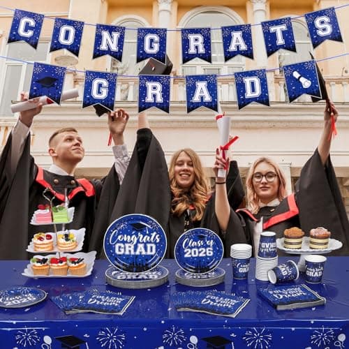 NatNarr Graduation Decorations 2026, Blue Graduation Party Supplies Include Class Of 2026 Grad Plates Napkins Cups Tablecloth Congrats Grad Banner for Middle College High School, Serve 25 Guest view 6