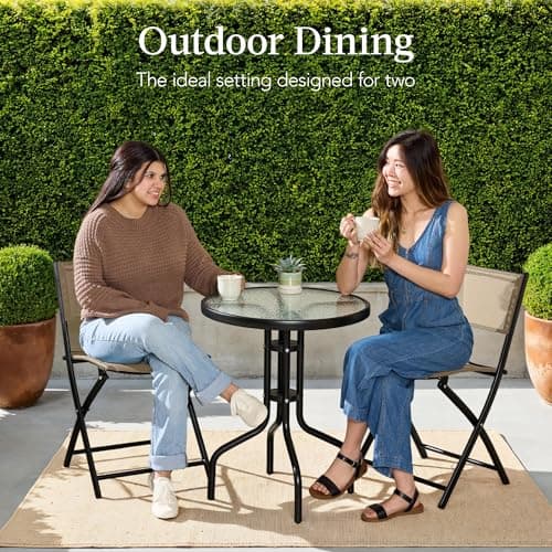 Best Choice Products 3-Piece Patio Bistro Dining Furniture Set w/Textured Glass Tabletop, 2 Steel Folding Chairs, Polyester Fabric - Beige view 4