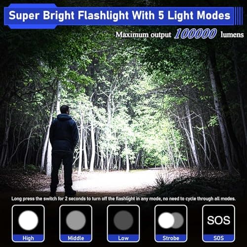JAY-PARK High Lumen Flashlight - 100000 Lumens, Rechargeable 5000mAh with LCD Display, Zoomable Long Beam (3000m), IP67 Waterproof, 5 Modes & Belt Clip - for Camping, Dog Walking view 2