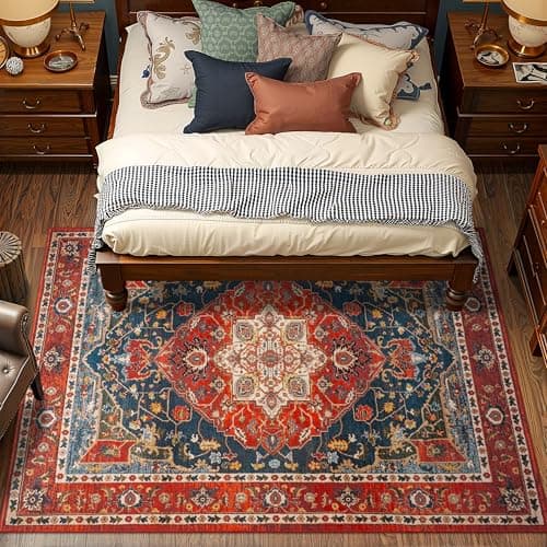 YJ.GWL Area Rugs for Living Room 4x6 Machine Washable Rugs for Bedroom, Non Slip Floral Vintage Rug Indoor Carpet, Stain Resistant Throw Rug for Dining Room Kitchen, Orange-Red view 4