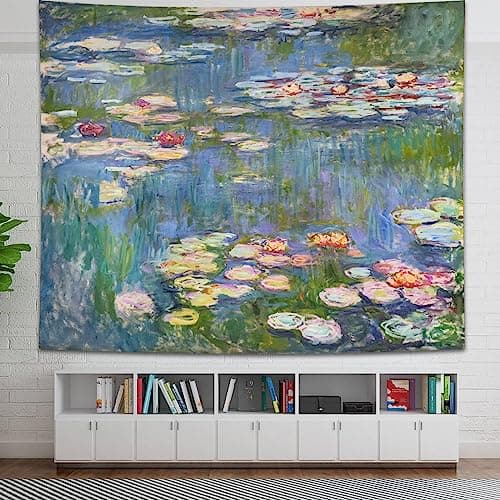 Avinyl Monet Waterlily Wall Tapestry, Green Floral Plant Art Poster for Bedroom Girls Boys, Small Nature Flower Pond Wall Hanging, Watercolor Tapestries for Living Room Dorm Decor 39in X 51in view 5