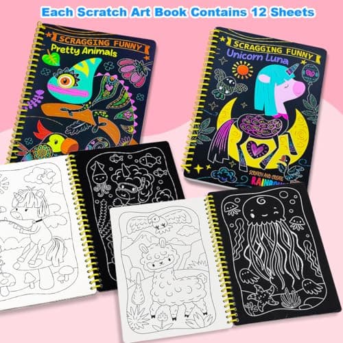 JUNQIU 2 Pack Animal & Unicorn Scratch Art for Kids, Rainbow Scratch Paper Art Notebook, Arts and Crafts for Boys Girls, Birthday Gifts Party Games view 3