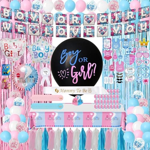 200 Pcs Gender Reveal Decorations Kit, Boy or Girl Gender Reveal Supplies | Baby Reveal Supplies with 36" Gender Reveal Balloon, Boy or Girl Banner, Mommy to Be Sash, Fringe Curtains & Photo Props view 2