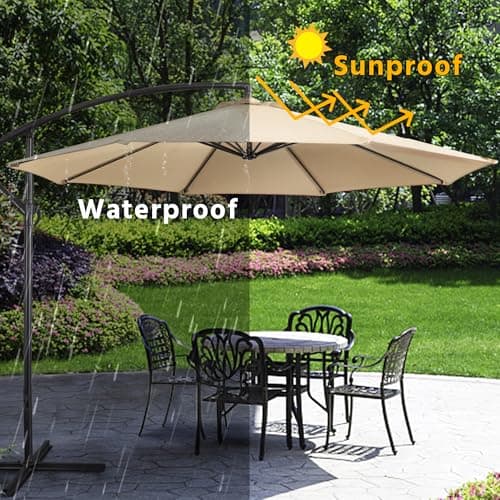 Yaheetech 10FT Patio Offset Umbrella - Cantilever Hanging Outdoor Umbrellas w/UV Protection & 8 Ribs & Handy Crank & Cross Base for Market/Garden/Lawn/Deck/Backyard/Pool - Tan view 6