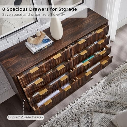 T4TREAM Fluted 8 Drawers Dresser, 54" Wide Modern Chest of Drawers, Curved Profile Design, Dresser TV Stand, Wood Drawer Organizer for Bedroom, Living Room, Hallway, Dark Walnut view 5
