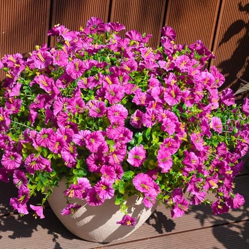 maxkes Artificial Flowers for Outdoors, UV Resistant Fake Silk Morning Glory, Realistic Faux Plants for Outside Porch Patio Window Box Hanging Planter (16, Fuchsia) view 3