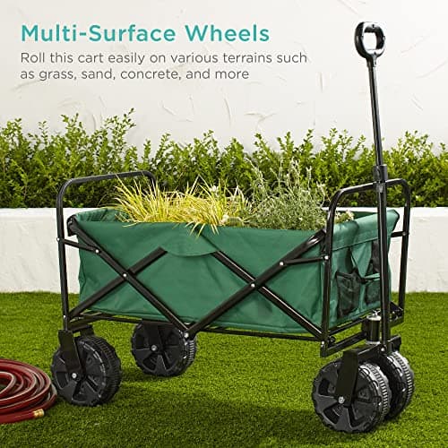 Best Choice Products 36in Collapsible Folding Utility Wagon, Multipurpose Indoor Outdoor Mobile Cart for Garden, Beach, Park, Shopping w/ 360-Degree Wheels, Adjustable Handle, 150lb Capacity - Green view 4