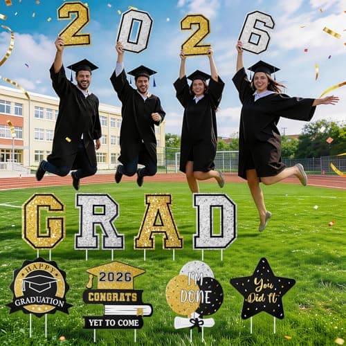 Graduation Decorations 12Pcs Waterproof Black Graduation Yard Signs Class of 2026 Outdoor Congrats Grad Sign with Stakes for Garden Lawn Yard College High School Graduation Party Decorations view 6