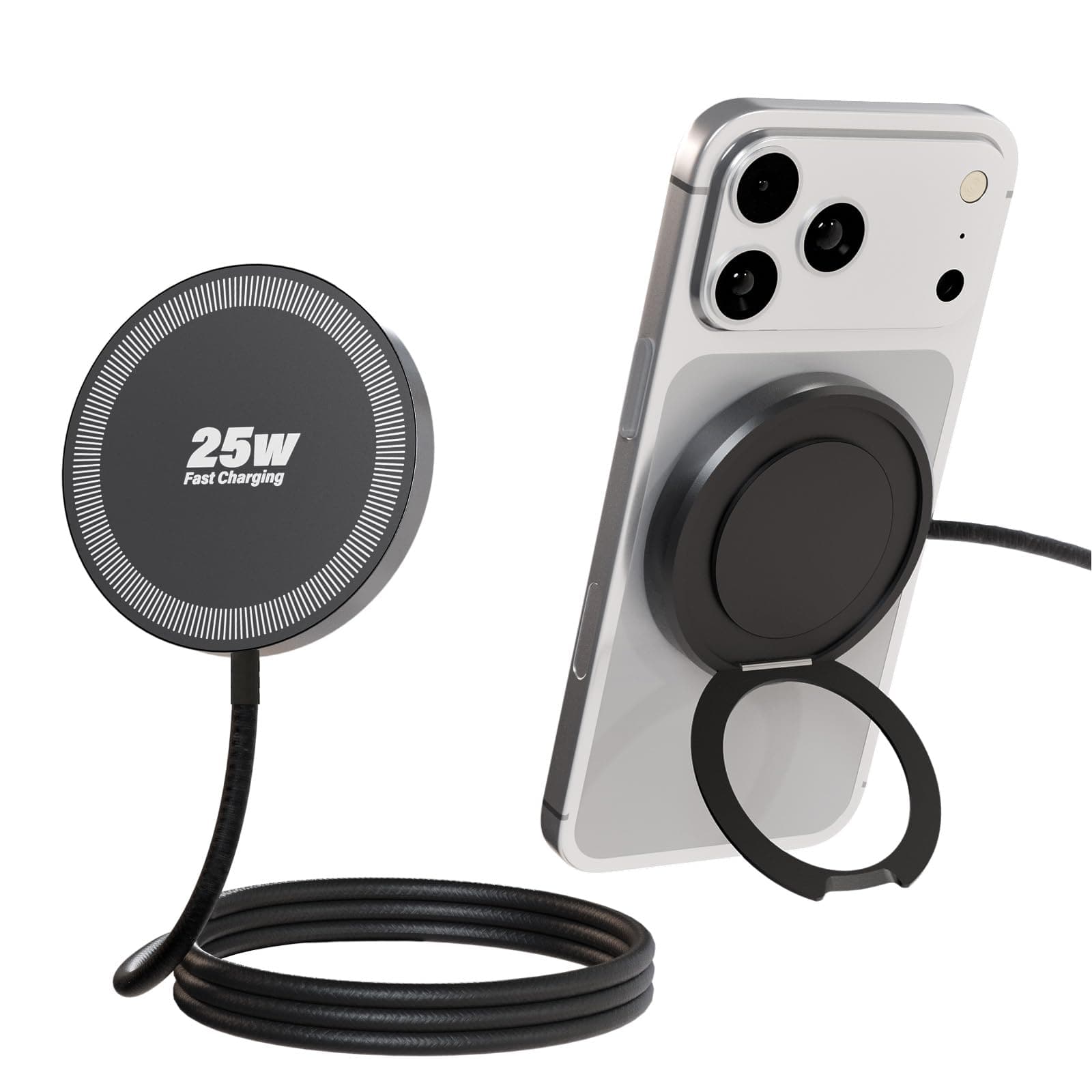 Magnetic Wireless iPhone Charger Fast Phone Charger with Kickstand, 6.6FT 25W Fast Phone Charging Pad Wireless Magnetic Charge for iPhone 17/17Air/16 Pro Max/16 Plus/15 Pro Max Black