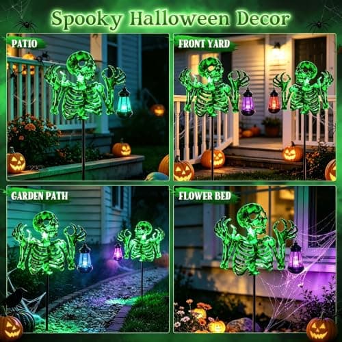 Halloween Skeleton Decorations Outdoor,Spooky Green Glowing Iron Skull | with 7-Color Changing & Flashing Mode Solar Lantern,Creepy Haunted House Prop,Gift for Kids Adults,Yard Patio Garden Party view 6