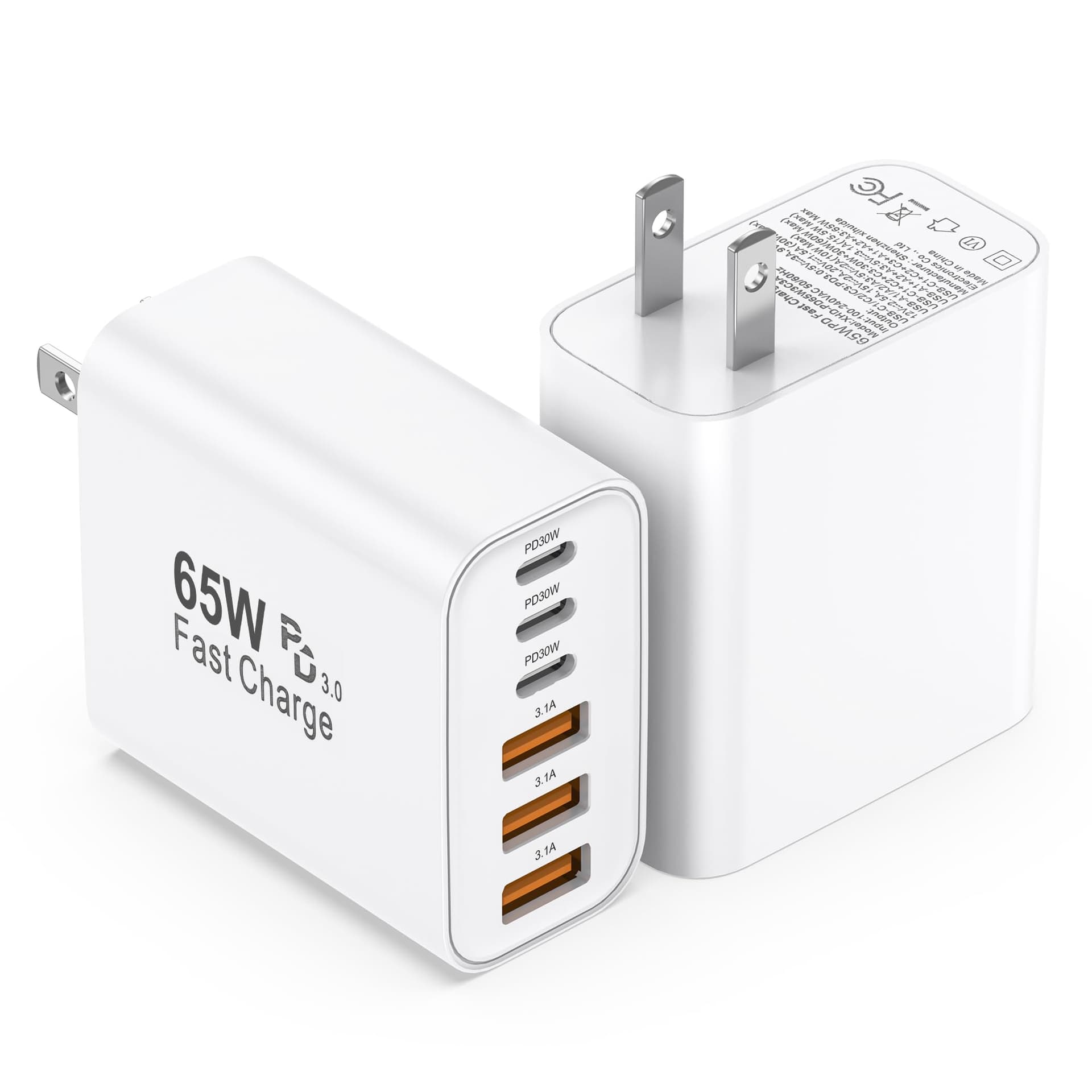 USB C Charger Block,2 Pack 65W 6 Port USB C Wall Charger,6 in 1 iPhone Charger Fast Charging PD+QC Power Adapter Multiport Type C Brick Chargers for iPhone 17/16/15/14/13/12/Pro Max/XS/Samsung