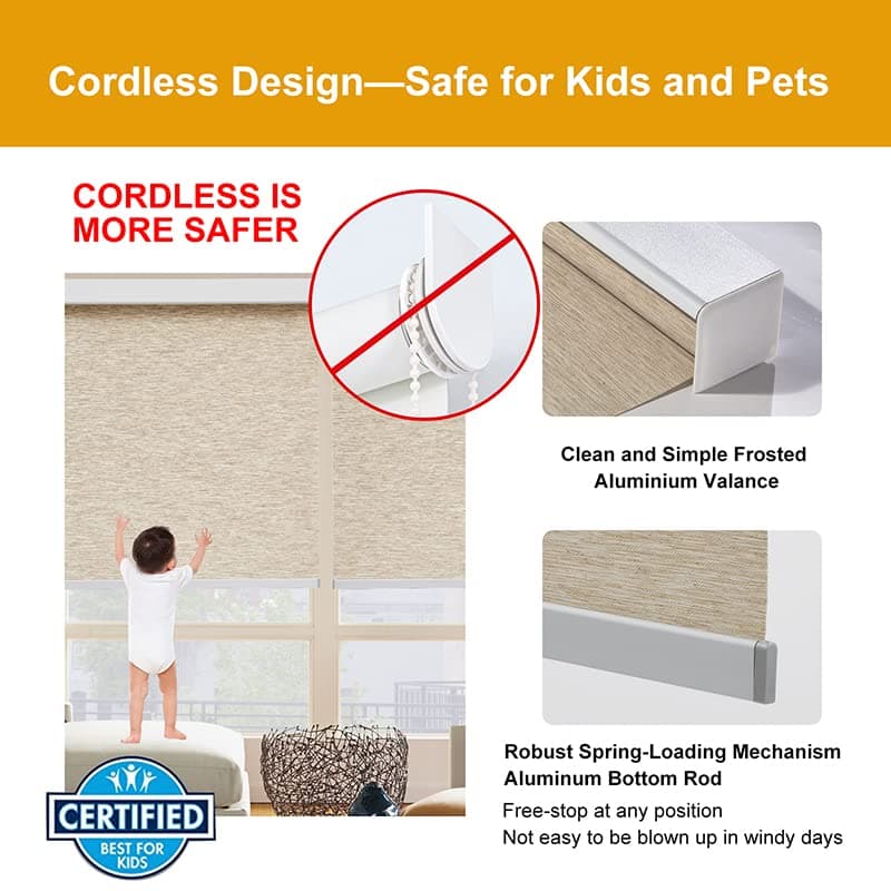 Persilux Free-Stop Cordless Windows Shades Light Filtering Roller Blinds for Windows (Khaki 28" x 72") Natural Woven Fabric UV Protection Privacy Roller Shades for Windows, Home, Office, Doors view 4