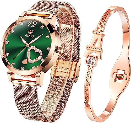 OLEVS Womens Watch Gift Set with Bracelet Rose Gold Minimalist Slim Casual Dress Analog Quartz Wrist Watches for Lady Female Waterproof Luminous Green Face