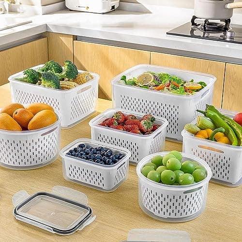 Freshmage Fruit Storage Containers for Fridge with Removable Colander, Airtight Food Storage Container, Dishwasher Safe Produce Saver for Refrigerator, Keep Berry Fruit Fresh Longer 4 pcs Small Clear view 2