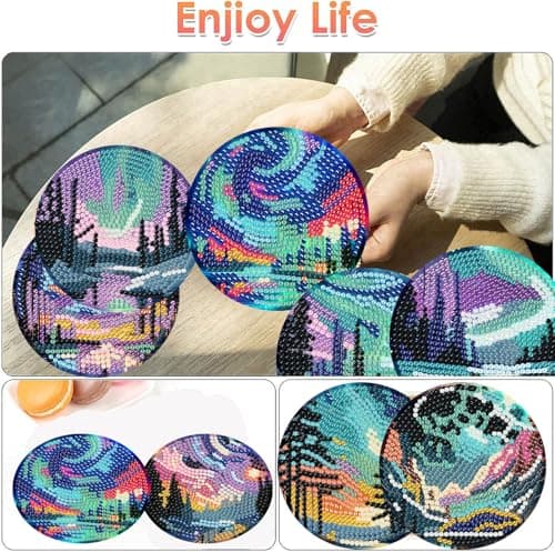ijbnhd 8 Pcs Aurora Diamond Art Coasters Kits, Landscape Diamond Painting Coasters Kit with Holder, Diamonds Art Non Slip Coaster Crafts Kits for Adults Gifts 4x4 inch (Cork Wooden Pad) view 2