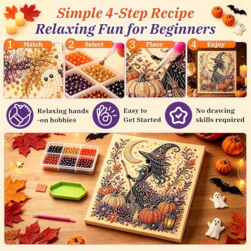 Witch Pearl Art Kit for Adults, Cute 3D Witch Diamond-Painting Crafts for Adults, DIY Fall Home Decor Wall Art, Beginner DIY Seasonal Party Gift view 6