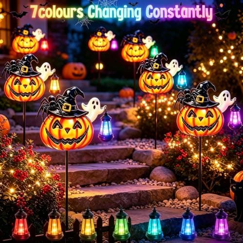 Halloween Decorations Outdoor Metal Solar Pumpkin Lights with Solar Lantern | 7-Color Changing & Flashing Mode, Waterproof 32.5 Inch Metal Cute Pumpkin Decorative Stake Fall Decor for Garden Yard Patio view 6