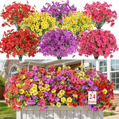 Alupssuc 24 Bundles Artificial Flowers for Outdoors Decoration, UV Resistant Silk Faux Daisy Flora Spring Fake Plastic Plants Greenery for Outside Indoor Yard Home Porch Window Box Decor, Mix 4 Colors view 1