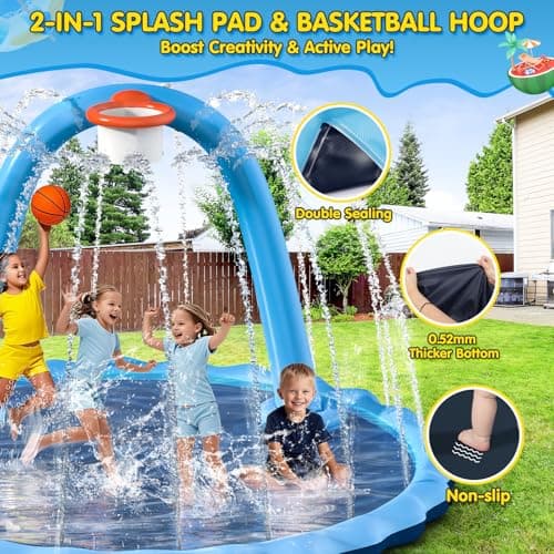 Instraella Splash Pad for Kids and Dog, 110" 2-in-1 Large Sprinkler Mat with Basketball Hoop and Arch for Kids Outdoor Play, Shoot Game for Backyard, Inflatable Water Toys More Fun for Boys and Girls view 5