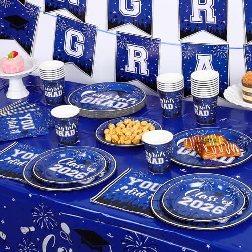 NatNarr Graduation Decorations 2026, Blue Graduation Party Supplies Include Class Of 2026 Grad Plates Napkins Cups Tablecloth Congrats Grad Banner for Middle College High School, Serve 25 Guest view 5